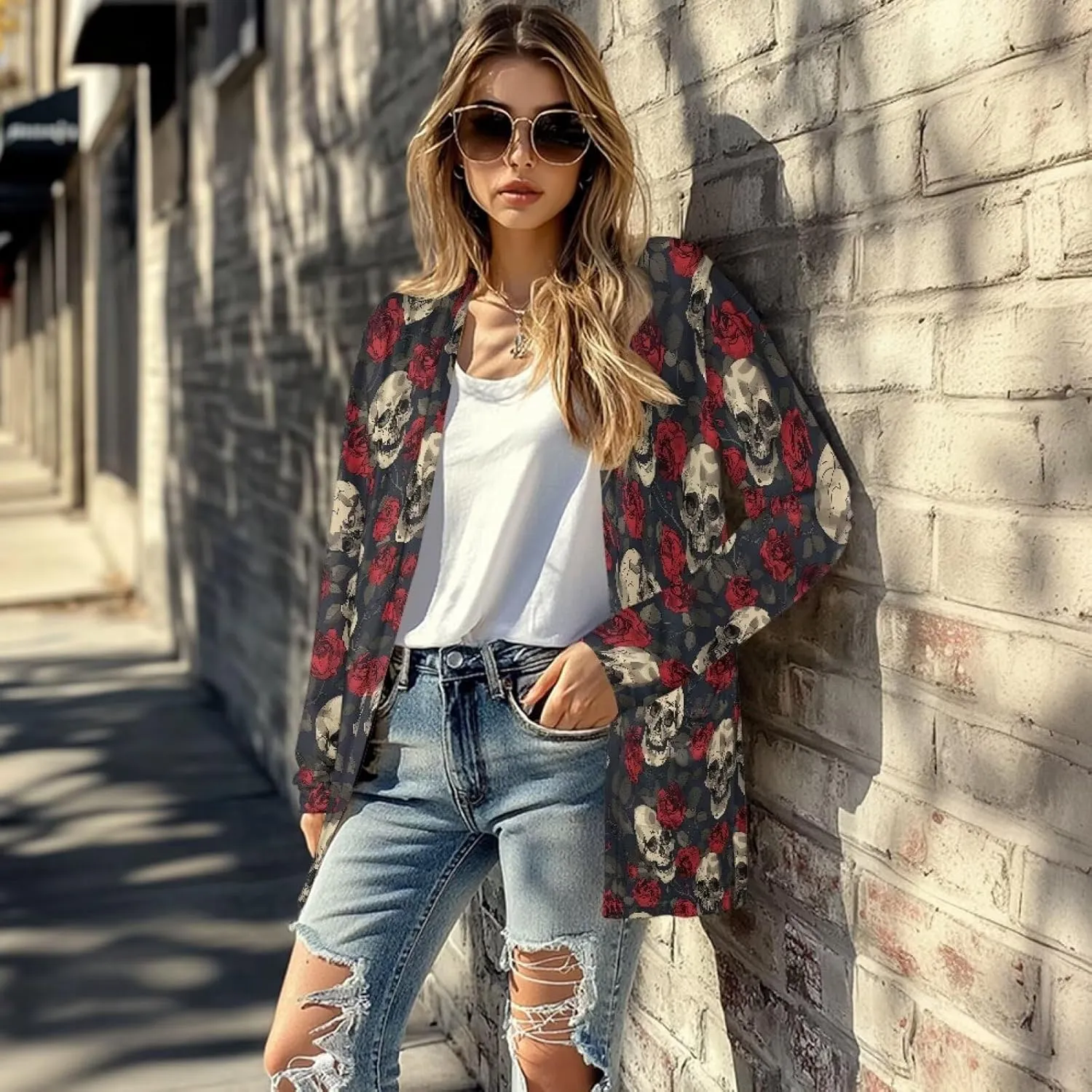Gothic Skull Women Cardigan Sweaters Casual Open Front Cardigans Soft Draped Long Sleeve Jackets Dusters V-Neck Tops