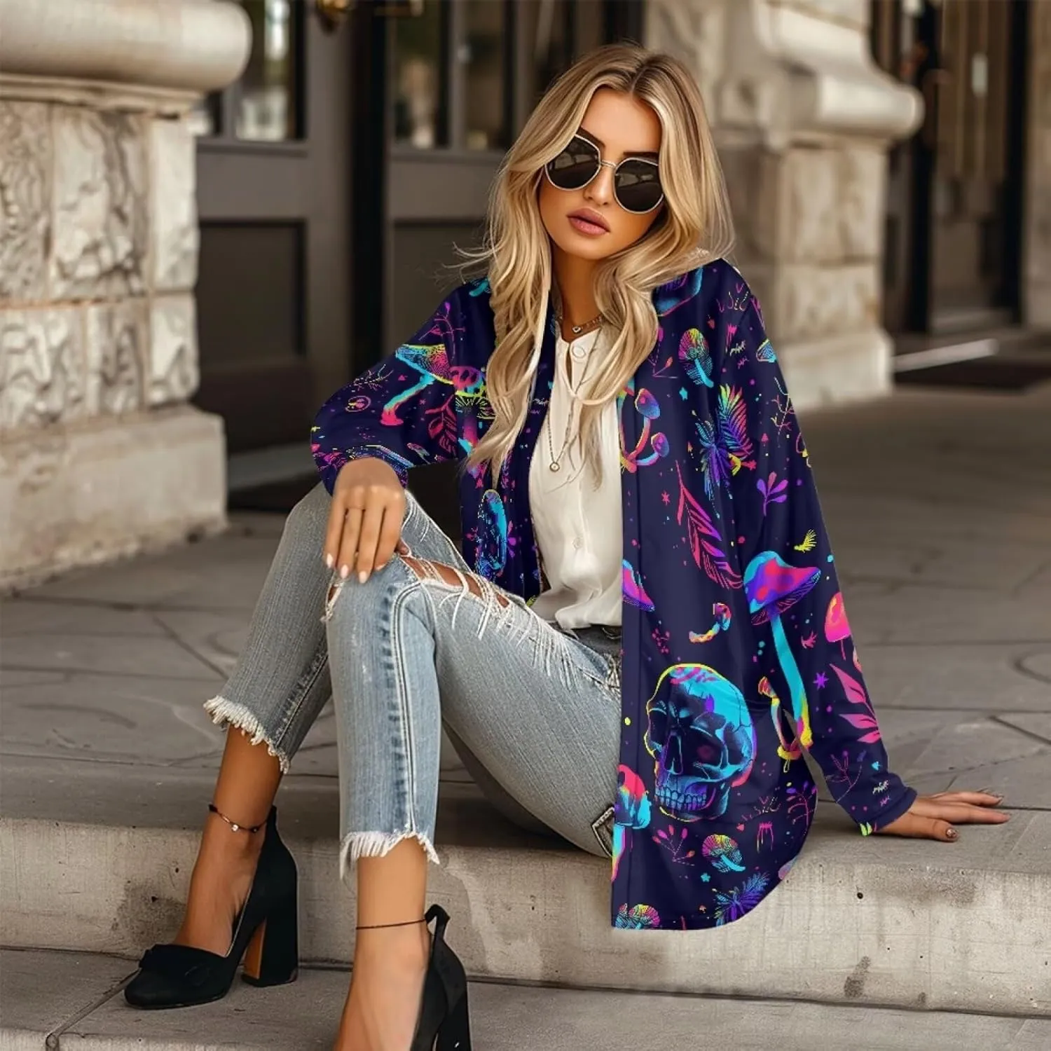 Gothic Skull Women Cardigan Sweaters Casual Open Front Cardigans Soft Draped Long Sleeve Jackets Dusters V-Neck Tops