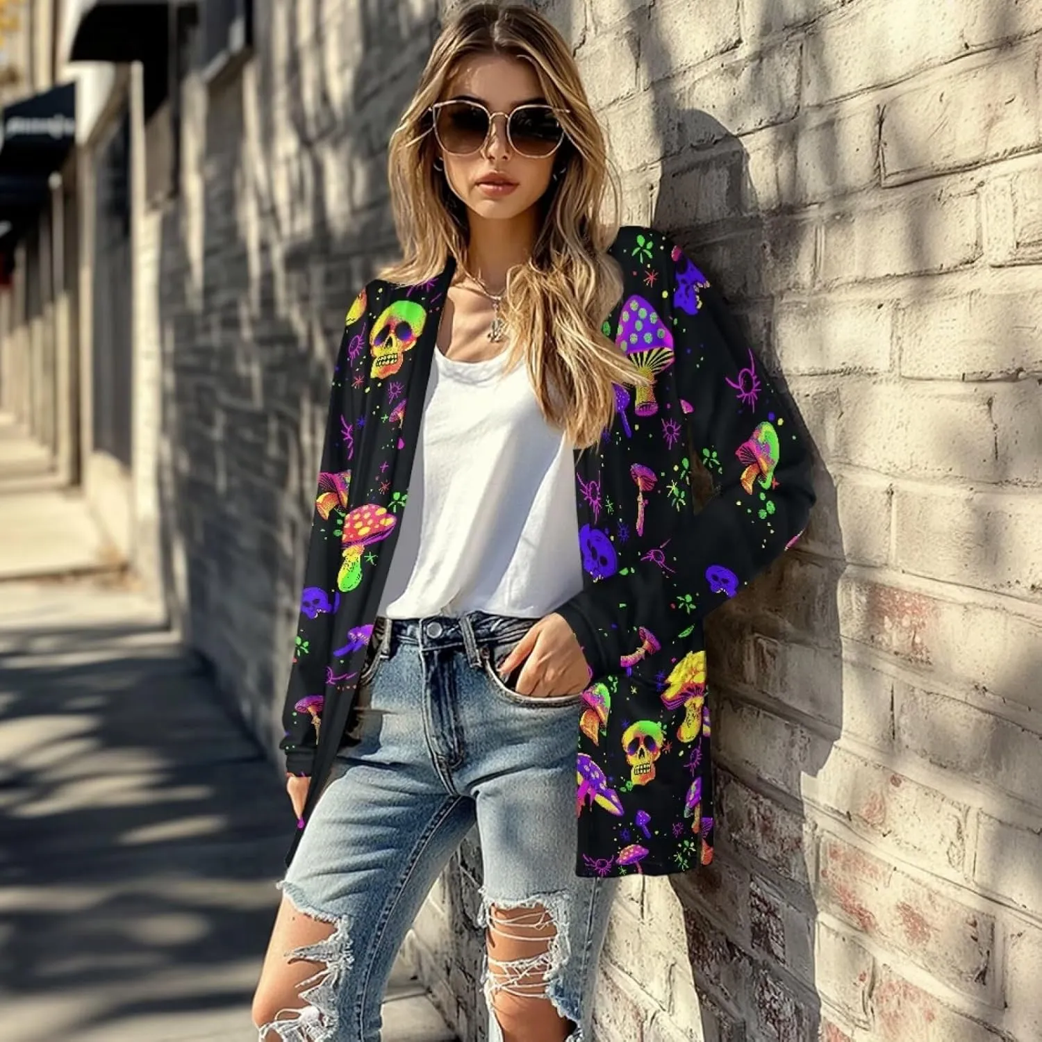 Gothic Skull Women Cardigan Sweaters Casual Open Front Cardigans Soft Draped Long Sleeve Jackets Dusters V-Neck Tops