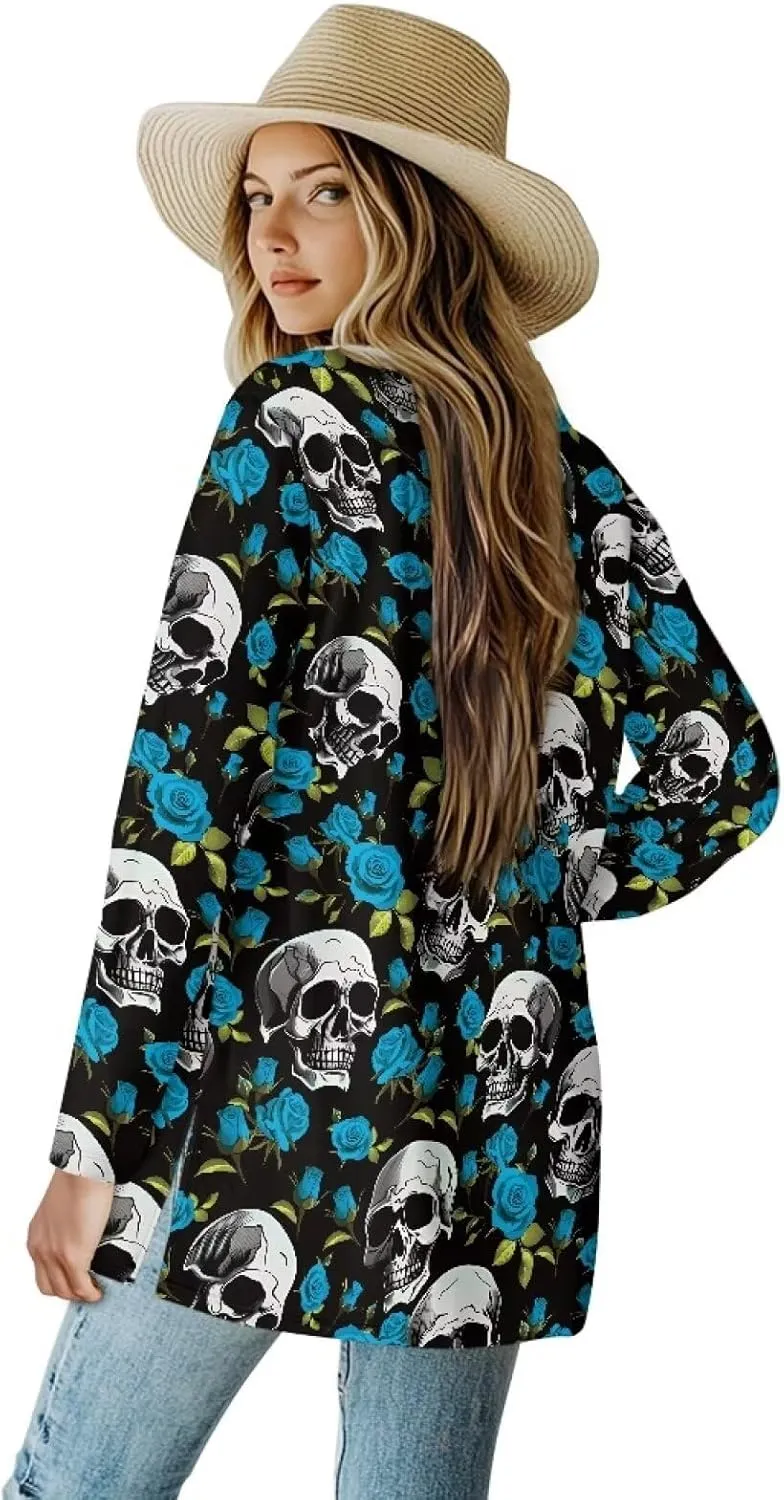Gothic Skull Women Cardigan Sweaters Casual Open Front Cardigans Soft Draped Long Sleeve Jackets Dusters V-Neck Tops