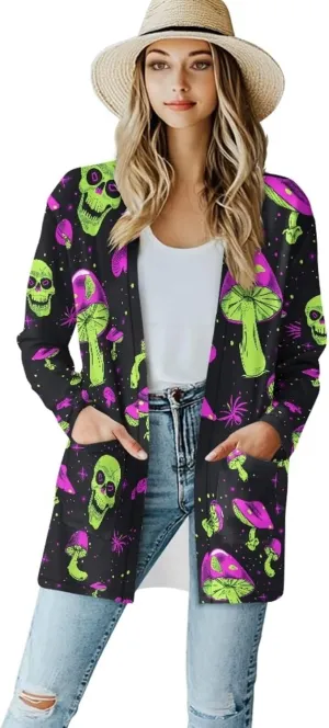 Gothic Skull Women Cardigan Sweaters Casual Open Front Cardigans Soft Draped Long Sleeve Jackets Dusters V-Neck Tops