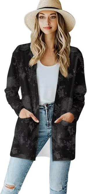 Gothic Skull Women Cardigan Sweaters Casual Open Front Cardigans Soft Draped Long Sleeve Jackets Dusters V-Neck Tops