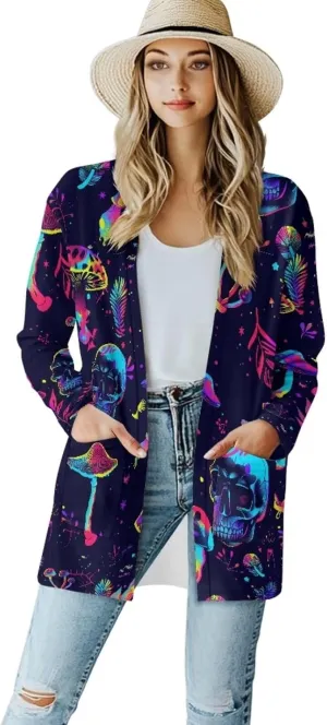 Gothic Skull Women Cardigan Sweaters Casual Open Front Cardigans Soft Draped Long Sleeve Jackets Dusters V-Neck Tops