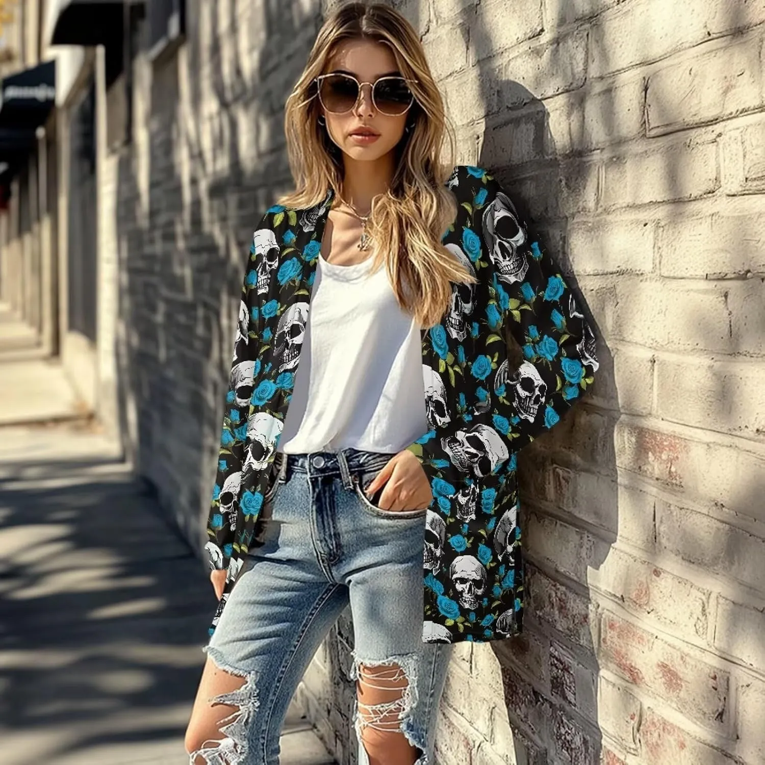 Gothic Skull Women Cardigan Sweaters Casual Open Front Cardigans Soft Draped Long Sleeve Jackets Dusters V-Neck Tops