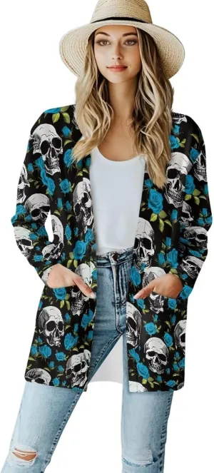 Gothic Skull Women Cardigan Sweaters Casual Open Front Cardigans Soft Draped Long Sleeve Jackets Dusters V-Neck Tops