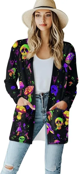 Gothic Skull Women Cardigan Sweaters Casual Open Front Cardigans Soft Draped Long Sleeve Jackets Dusters V-Neck Tops