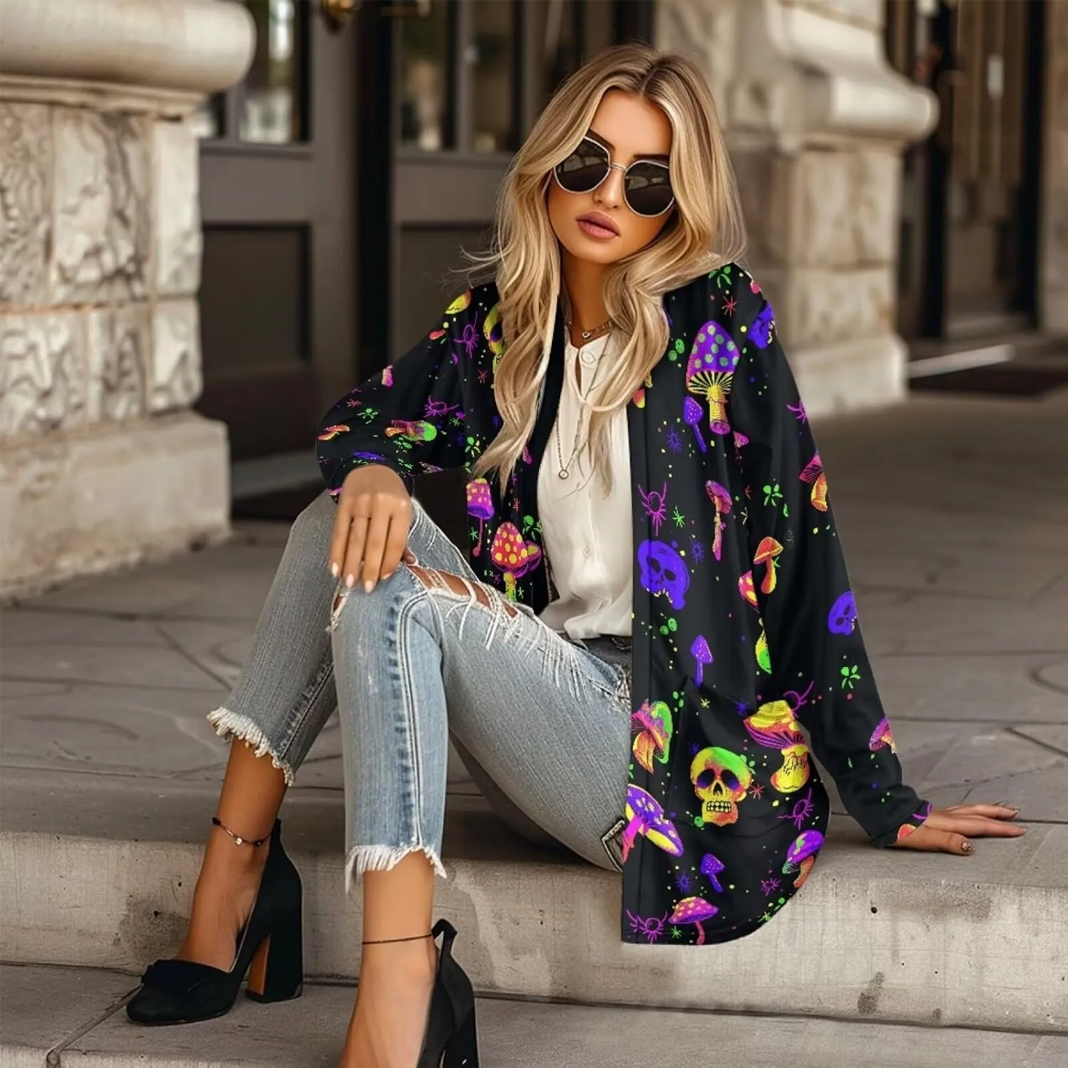 Gothic Skull Women Cardigan Sweaters Casual Open Front Cardigans Soft Draped Long Sleeve Jackets Dusters V-Neck Tops