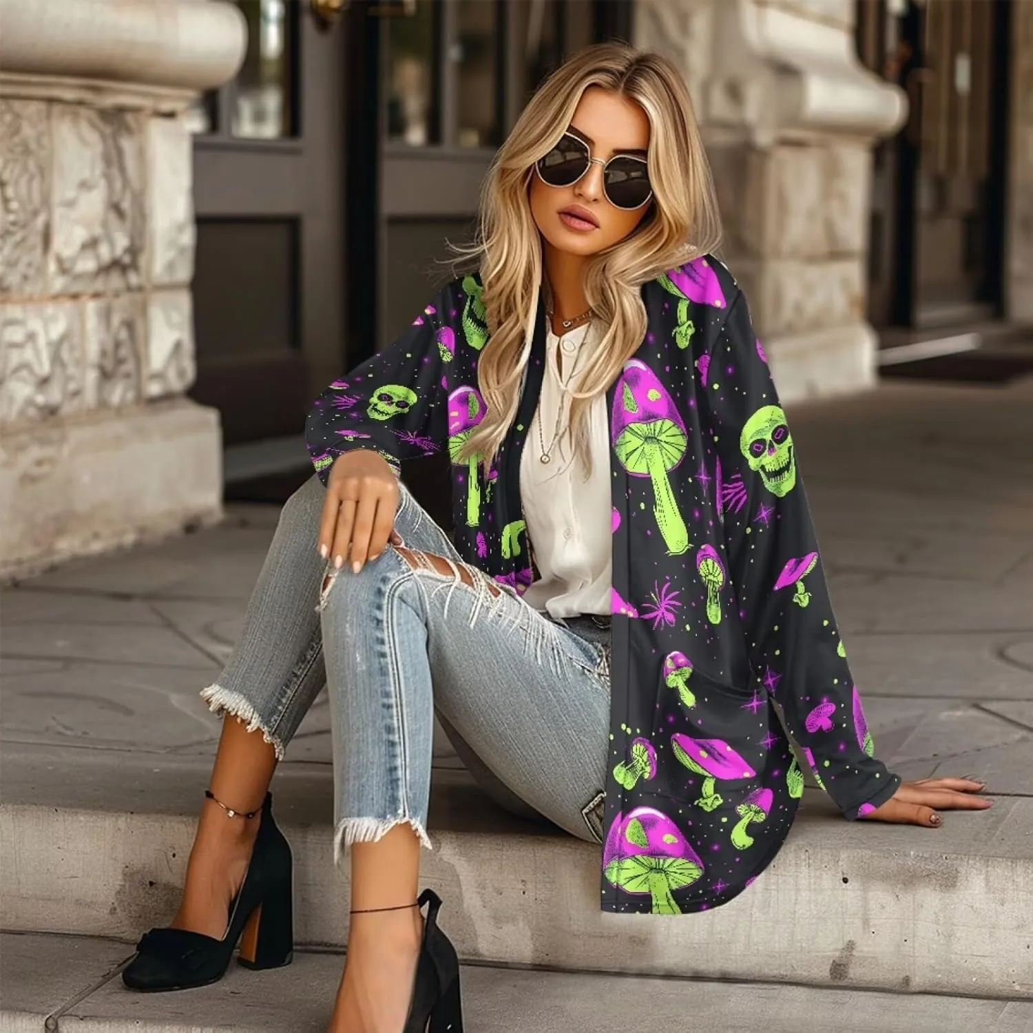 Gothic Skull Women Cardigan Sweaters Casual Open Front Cardigans Soft Draped Long Sleeve Jackets Dusters V-Neck Tops