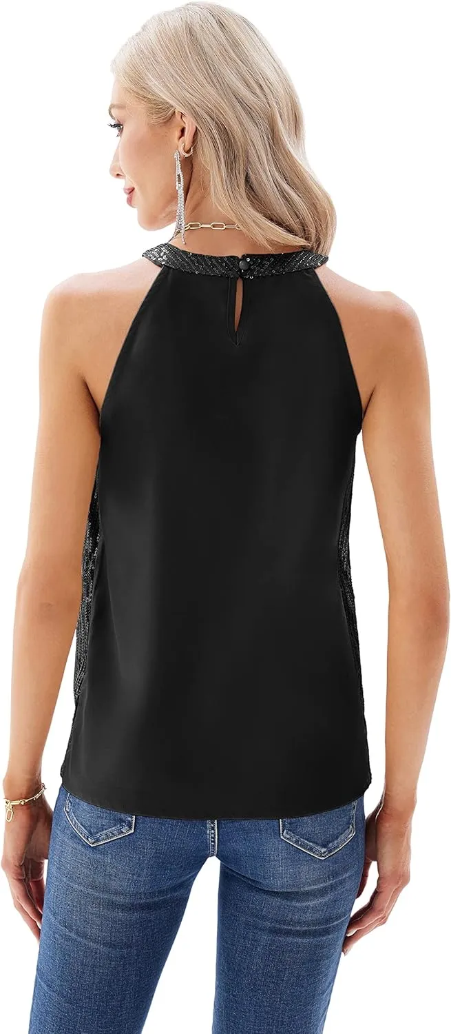 GRACE KARIN Sequin Halter Tops for Women Sleeveless Sparkly Shiny Tank Tops Ruched Flowy Sparkly Club Outfits Party Shirt