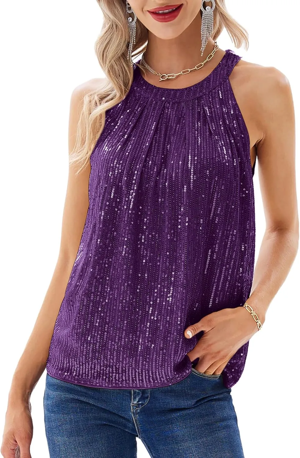 GRACE KARIN Sequin Halter Tops for Women Sleeveless Sparkly Shiny Tank Tops Ruched Flowy Sparkly Club Outfits Party Shirt