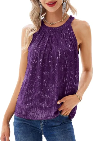 GRACE KARIN Sequin Halter Tops for Women Sleeveless Sparkly Shiny Tank Tops Ruched Flowy Sparkly Club Outfits Party Shirt