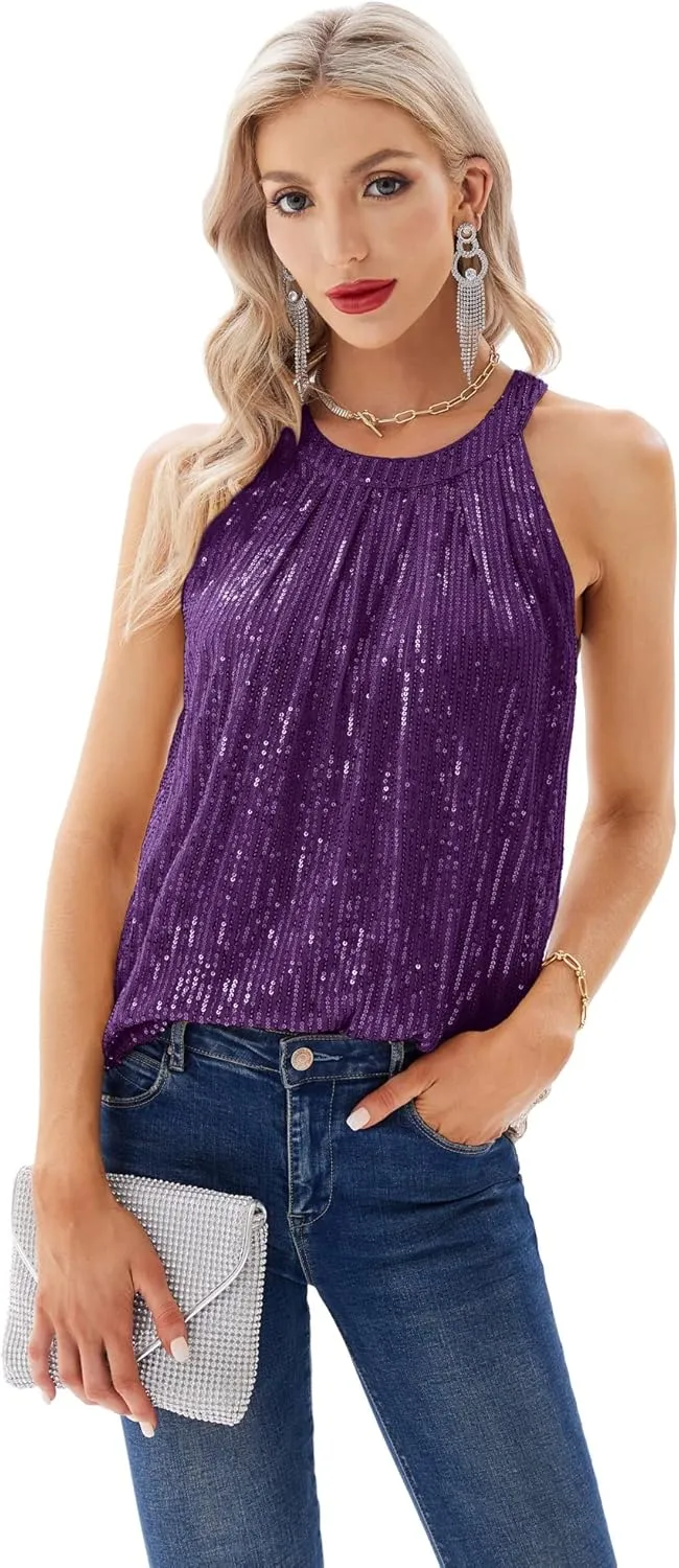 GRACE KARIN Sequin Halter Tops for Women Sleeveless Sparkly Shiny Tank Tops Ruched Flowy Sparkly Club Outfits Party Shirt