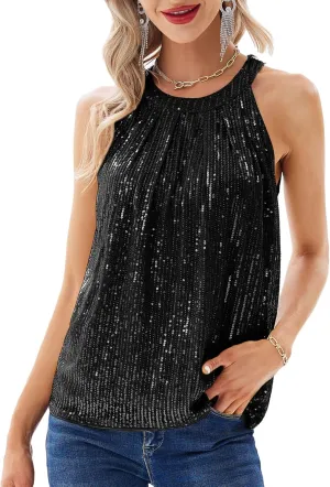 GRACE KARIN Sequin Halter Tops for Women Sleeveless Sparkly Shiny Tank Tops Ruched Flowy Sparkly Club Outfits Party Shirt