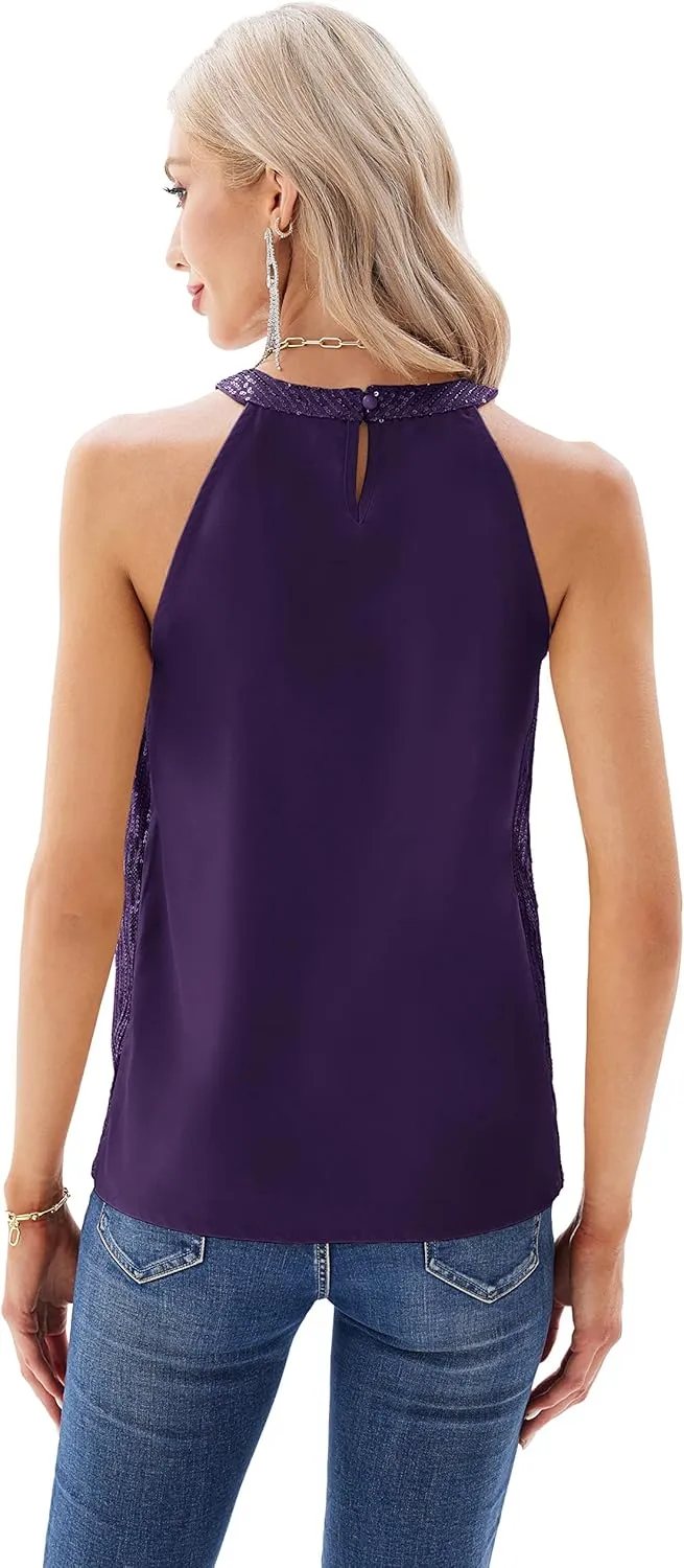 GRACE KARIN Sequin Halter Tops for Women Sleeveless Sparkly Shiny Tank Tops Ruched Flowy Sparkly Club Outfits Party Shirt
