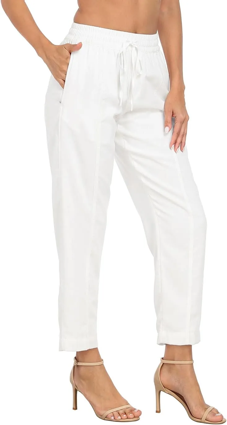 HDE Women's Linen Blend Pull On Pants Summer Drawstring Ankle Pant with Pockets