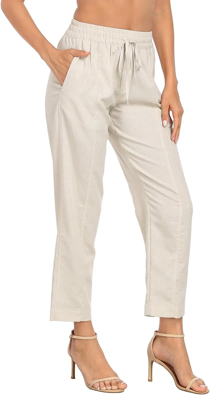 HDE Women's Linen Blend Pull On Pants Summer Drawstring Ankle Pant with Pockets