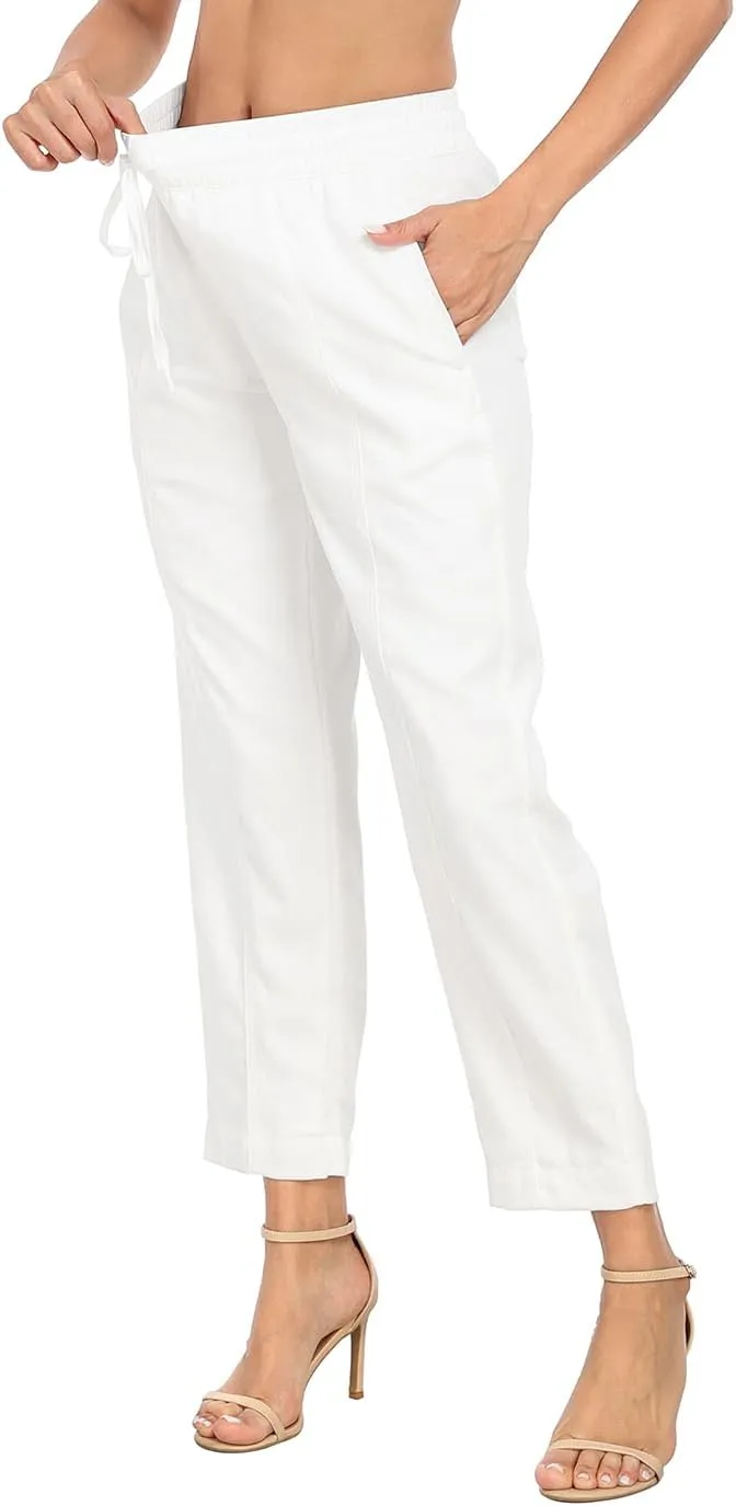 HDE Women's Linen Blend Pull On Pants Summer Drawstring Ankle Pant with Pockets