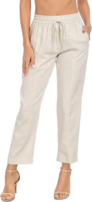 HDE Women's Linen Blend Pull On Pants Summer Drawstring Ankle Pant with Pockets
