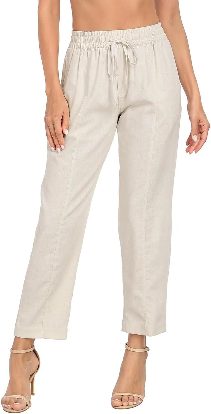 HDE Women's Linen Blend Pull On Pants Summer Drawstring Ankle Pant with Pockets