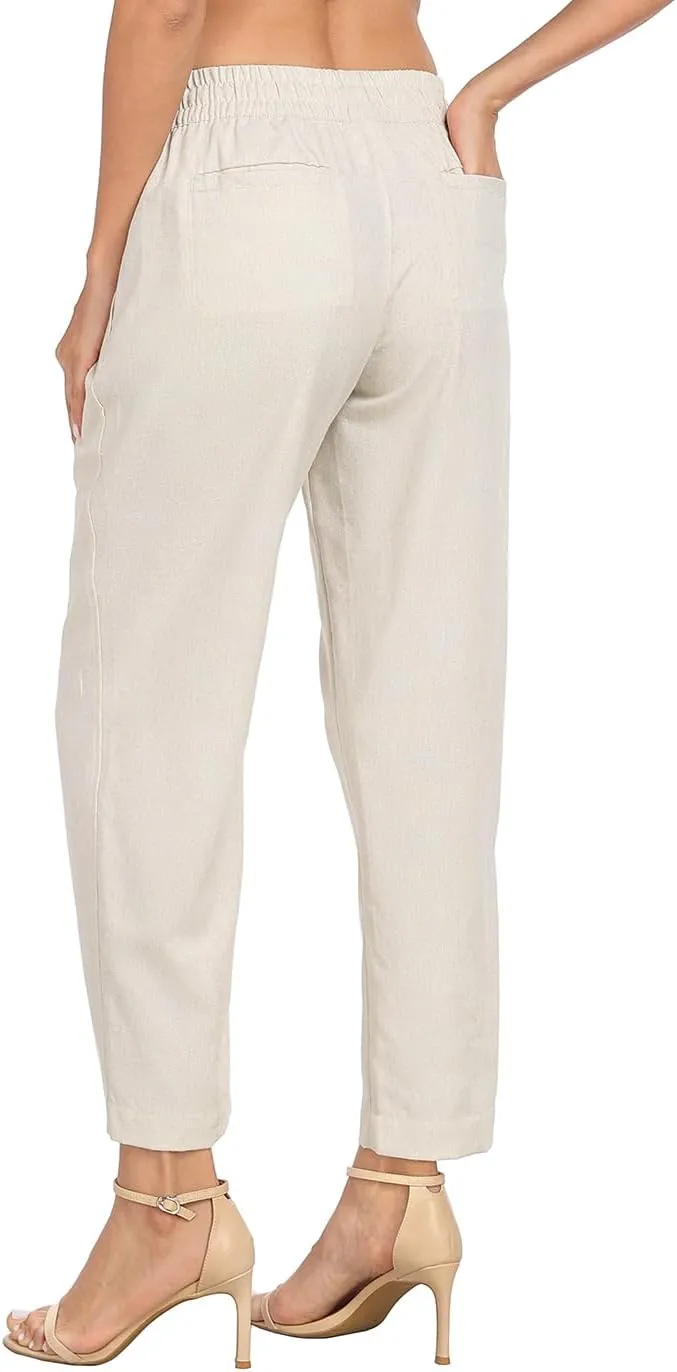 HDE Women's Linen Blend Pull On Pants Summer Drawstring Ankle Pant with Pockets