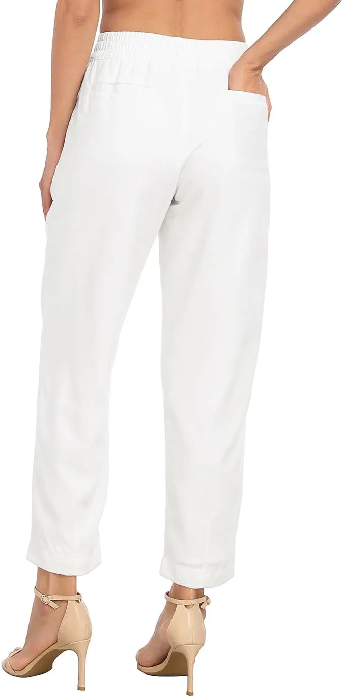 HDE Women's Linen Blend Pull On Pants Summer Drawstring Ankle Pant with Pockets