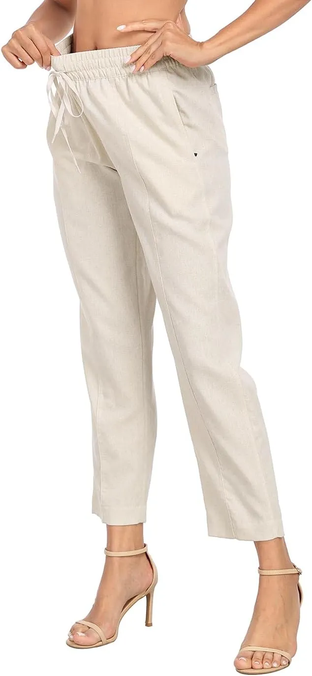HDE Women's Linen Blend Pull On Pants Summer Drawstring Ankle Pant with Pockets