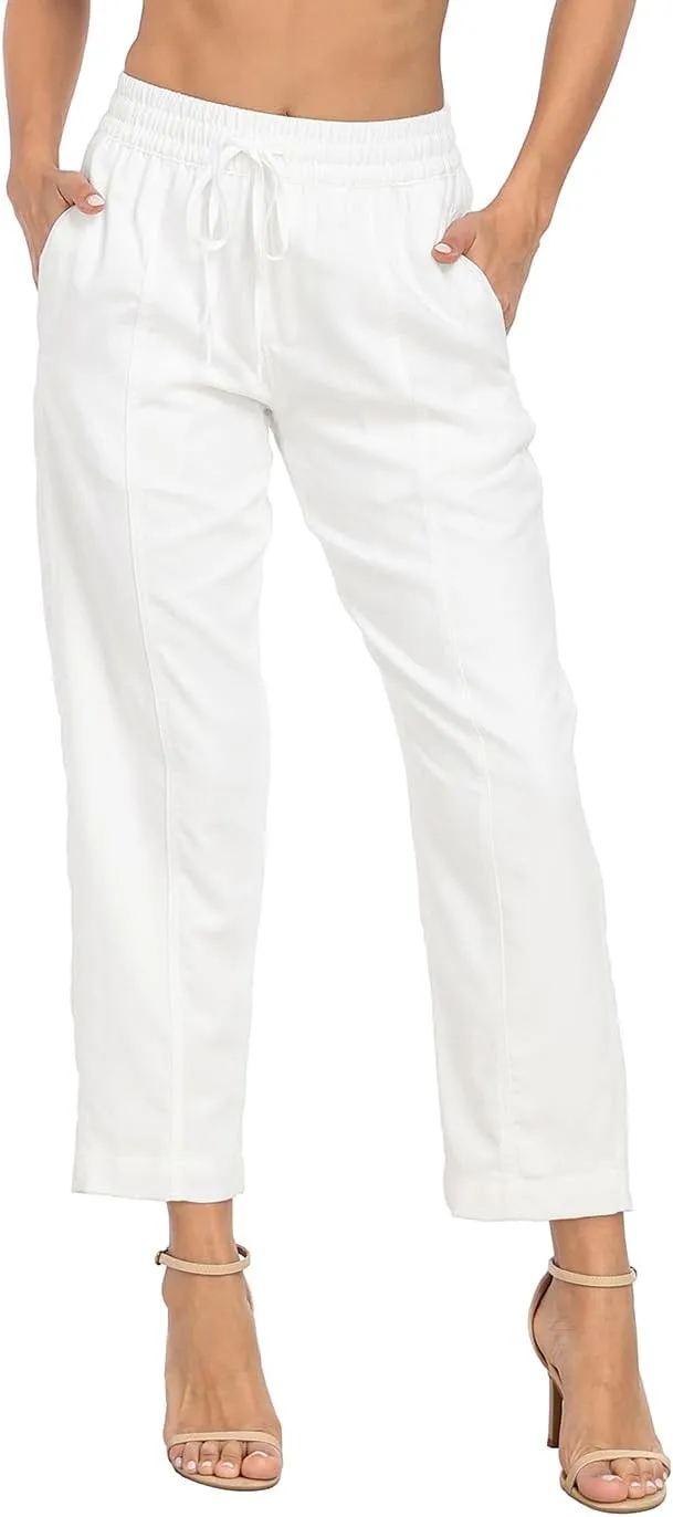 HDE Women's Linen Blend Pull On Pants Summer Drawstring Ankle Pant with Pockets
