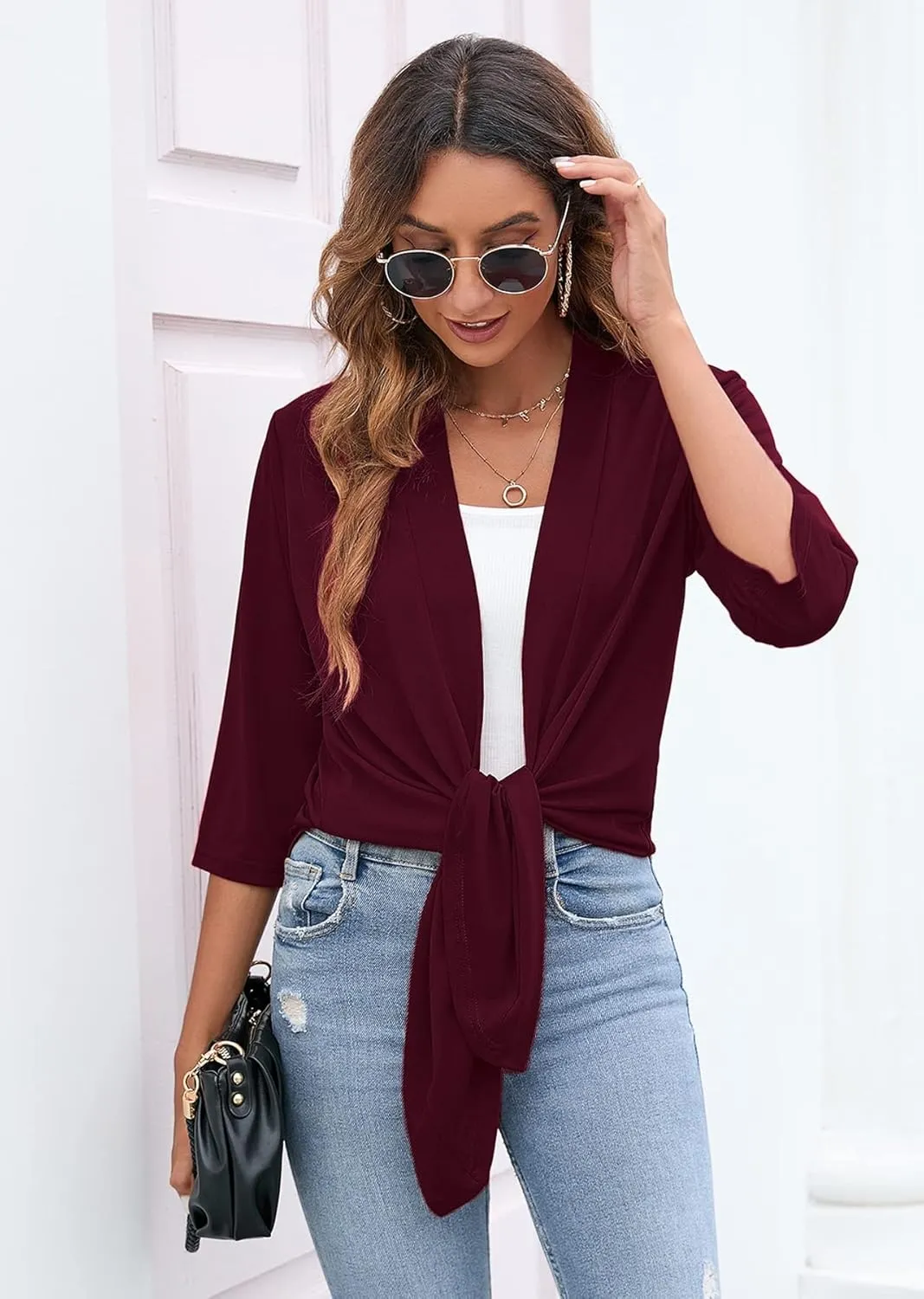 Heymoments Women's Lightweight Open Front Cardigans 3/4 Sleeve Casual Soft Drape Fall Cardigan S-2XL