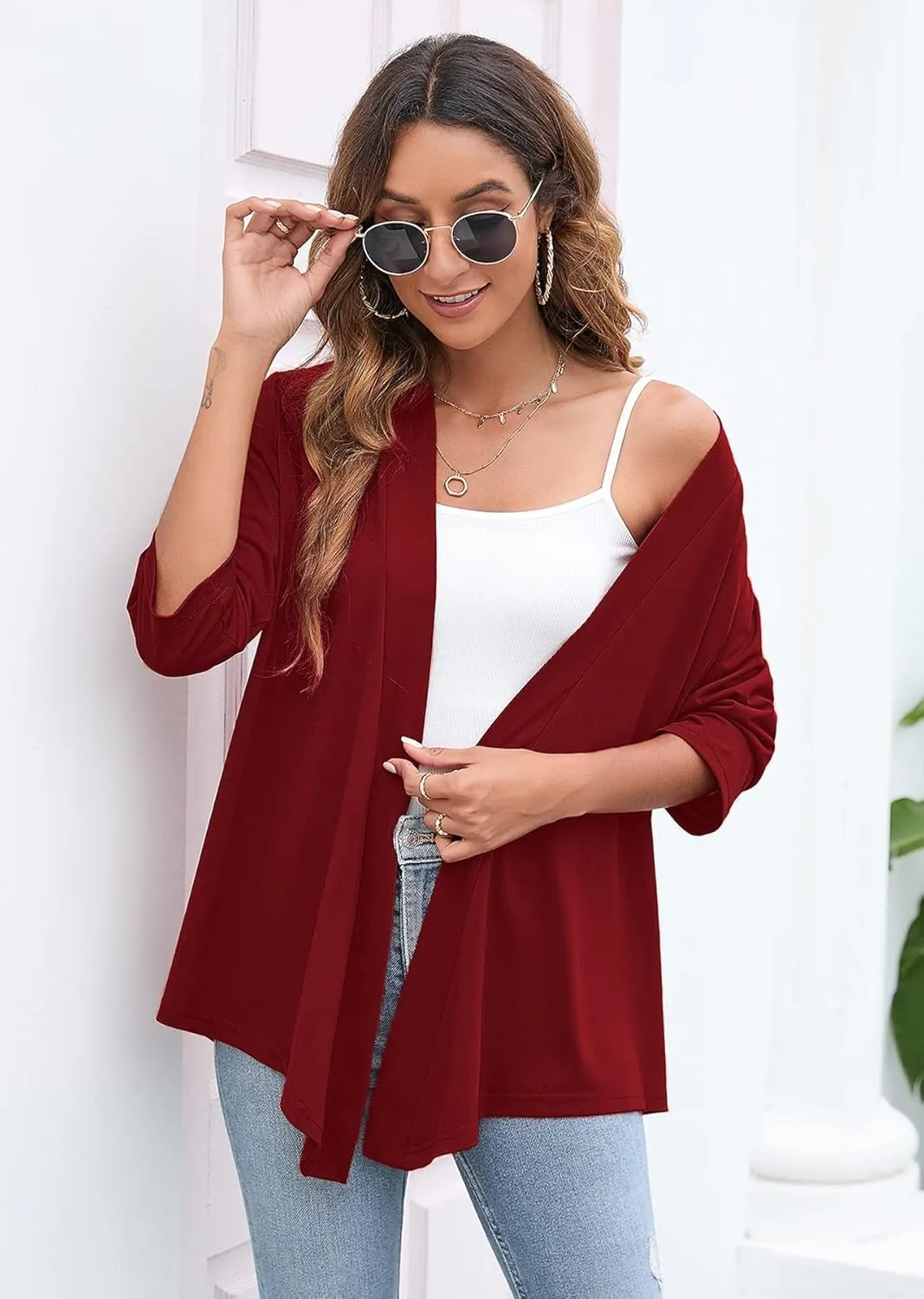 Heymoments Women's Lightweight Open Front Cardigans 3/4 Sleeve Casual Soft Drape Fall Cardigan S-2XL