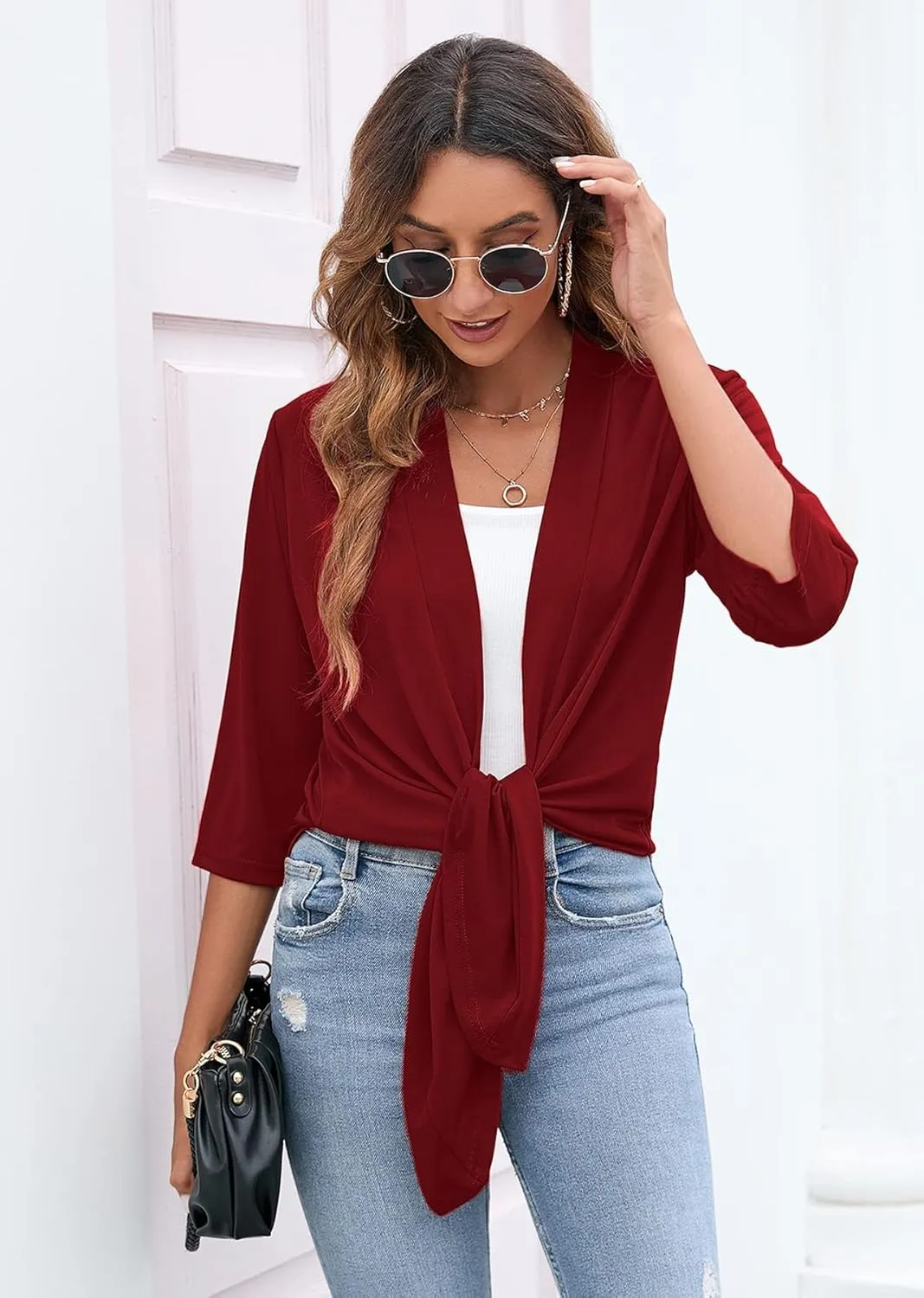 Heymoments Women's Lightweight Open Front Cardigans 3/4 Sleeve Casual Soft Drape Fall Cardigan S-2XL