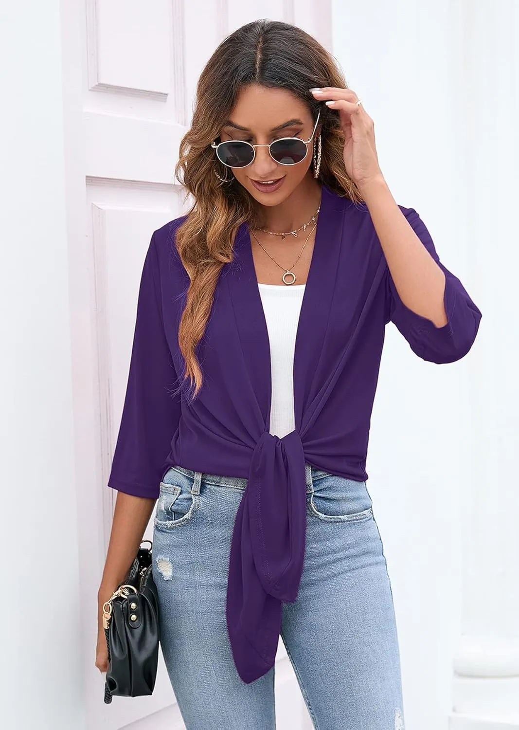 Heymoments Women's Lightweight Open Front Cardigans 3/4 Sleeve Casual Soft Drape Fall Cardigan S-2XL