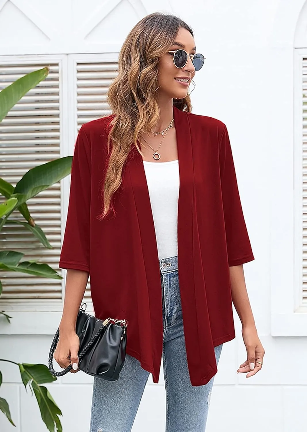 Heymoments Women's Lightweight Open Front Cardigans 3/4 Sleeve Casual Soft Drape Fall Cardigan S-2XL