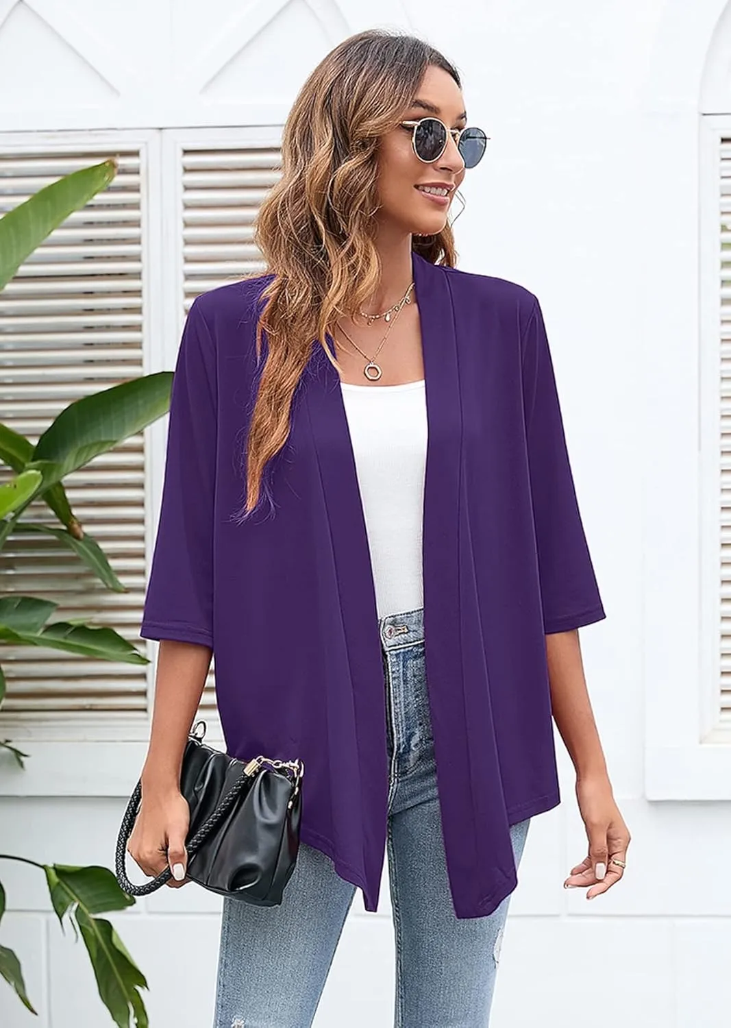 Heymoments Women's Lightweight Open Front Cardigans 3/4 Sleeve Casual Soft Drape Fall Cardigan S-2XL