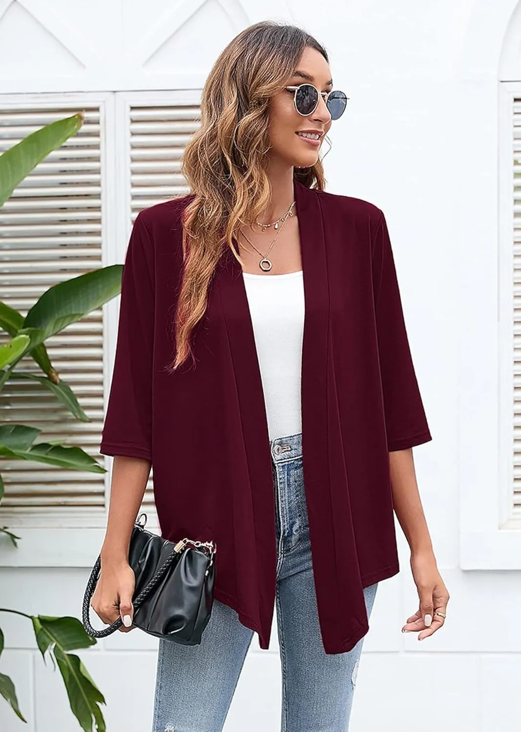 Heymoments Women's Lightweight Open Front Cardigans 3/4 Sleeve Casual Soft Drape Fall Cardigan S-2XL