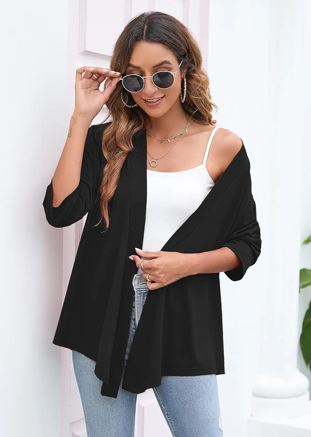 Heymoments Women's Lightweight Open Front Cardigans 3/4 Sleeve Casual Soft Drape Fall Cardigan S-2XL