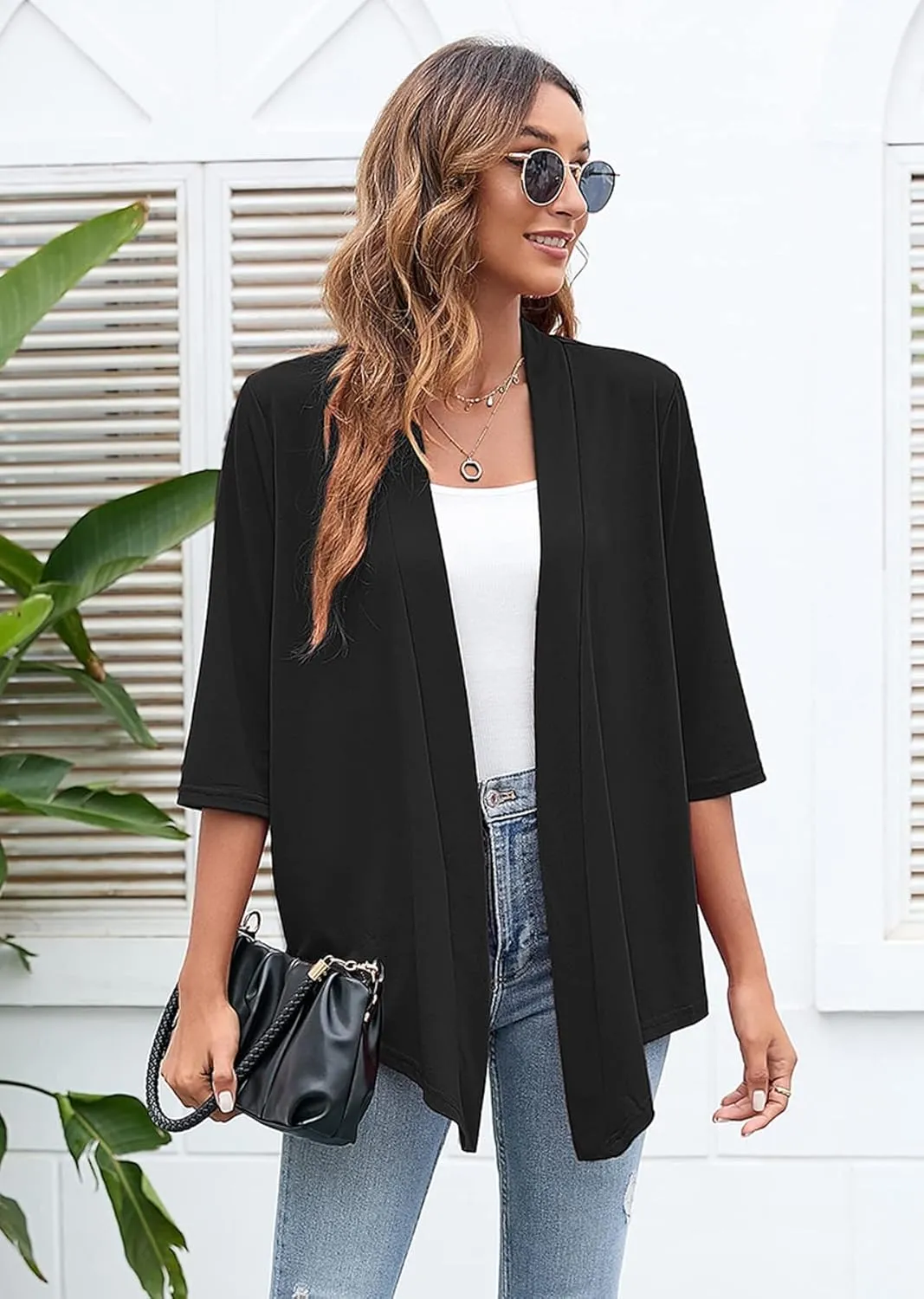 Heymoments Women's Lightweight Open Front Cardigans 3/4 Sleeve Casual Soft Drape Fall Cardigan S-2XL