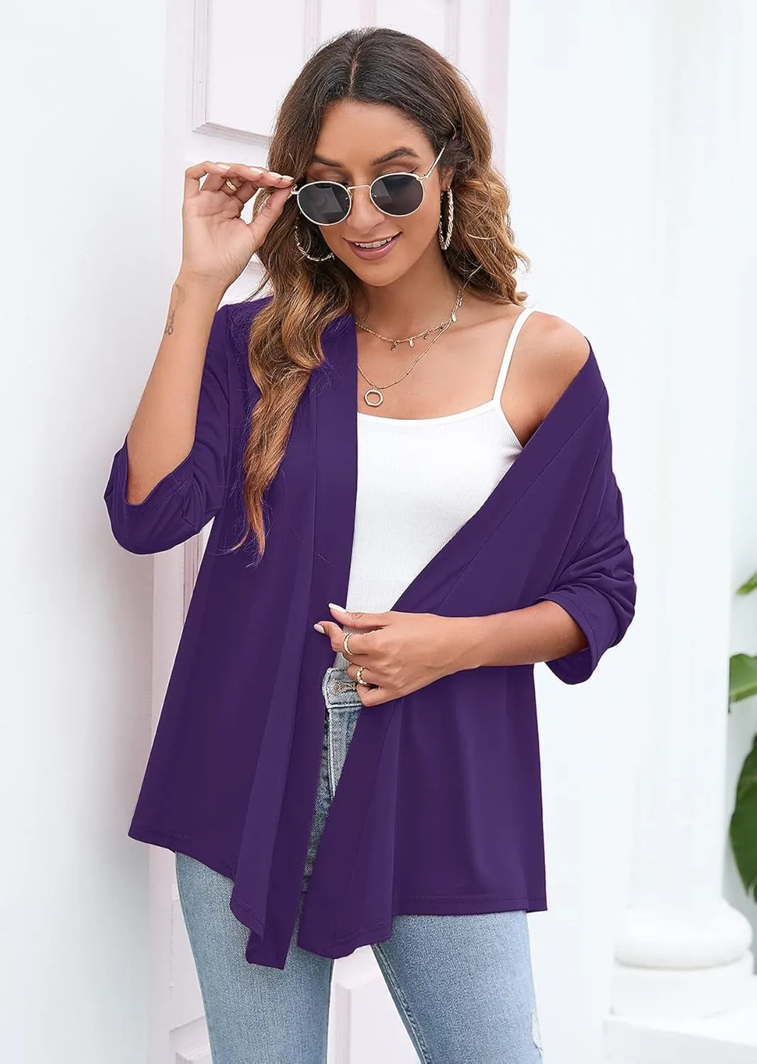 Heymoments Women's Lightweight Open Front Cardigans 3/4 Sleeve Casual Soft Drape Fall Cardigan S-2XL