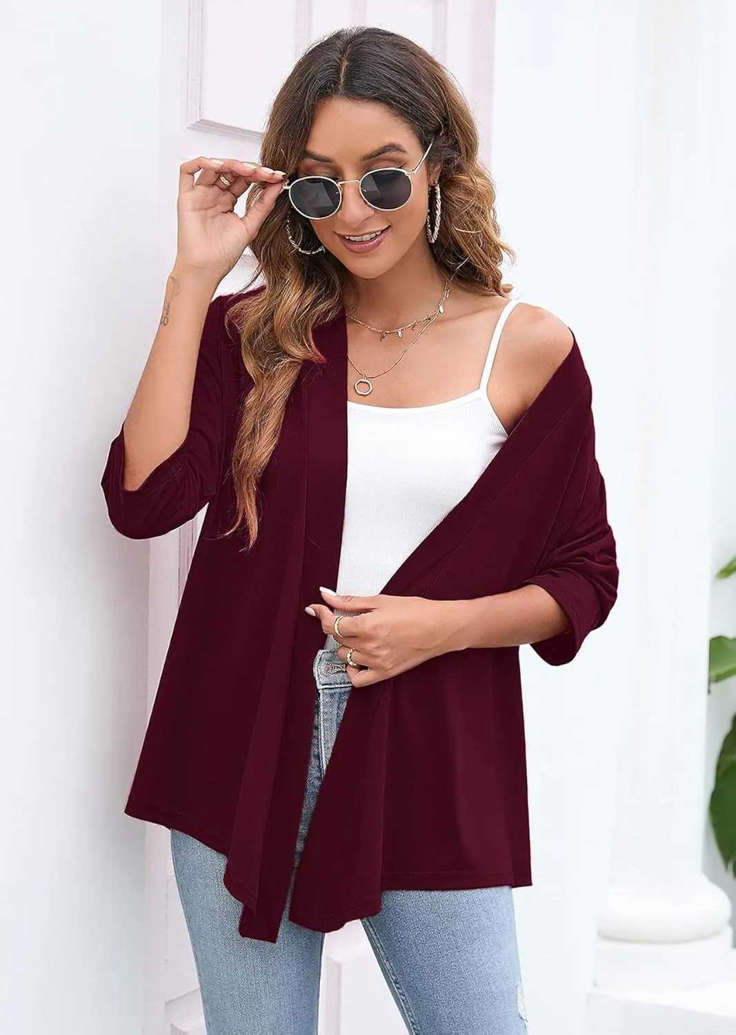 Heymoments Women's Lightweight Open Front Cardigans 3/4 Sleeve Casual Soft Drape Fall Cardigan S-2XL