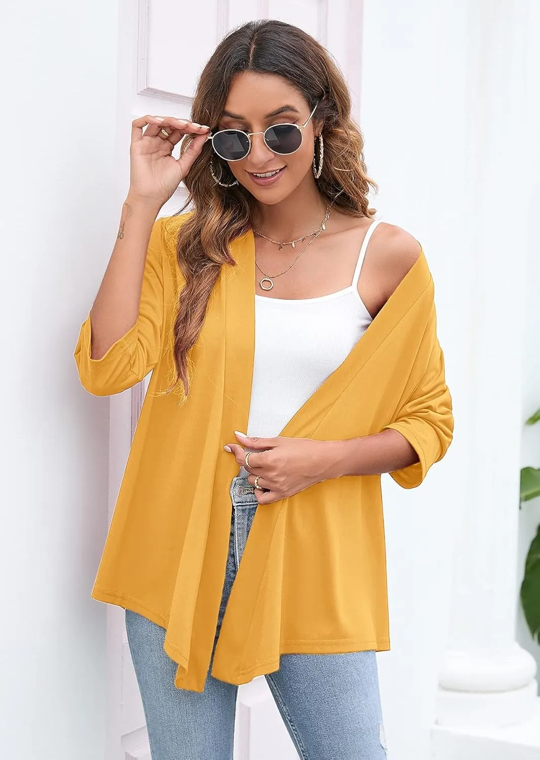 Heymoments Women's Lightweight Open Front Cardigans 3/4 Sleeve Casual Soft Drape Fall Cardigan S-2XL