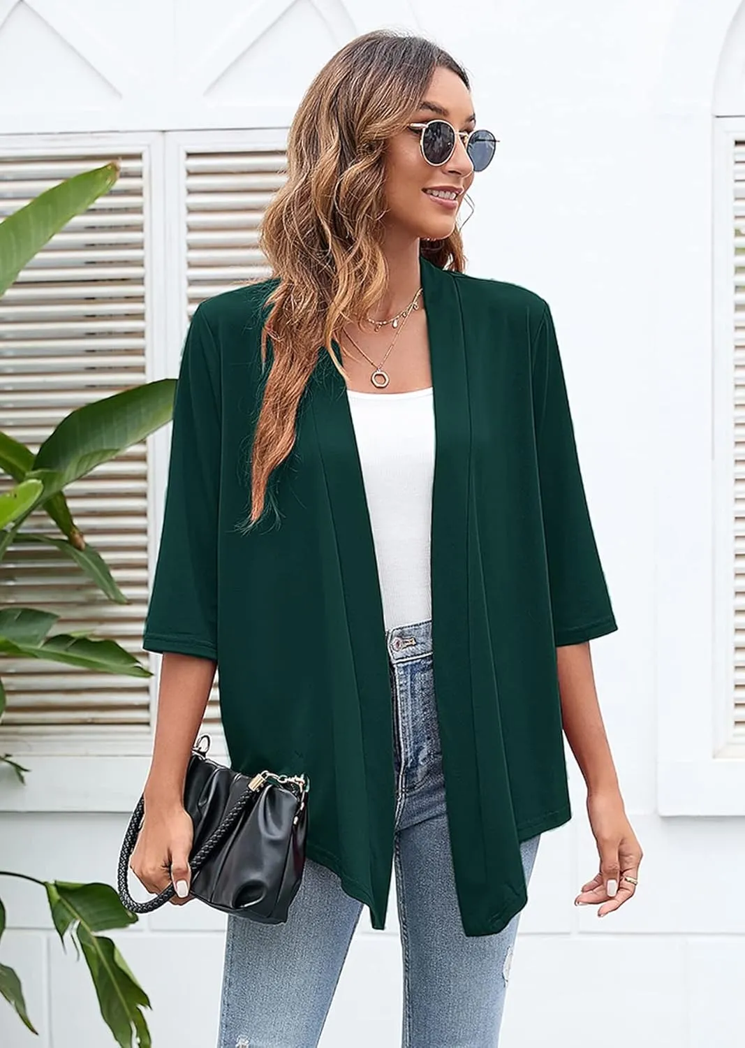 Heymoments Women's Lightweight Open Front Cardigans 3/4 Sleeve Casual Soft Drape Fall Cardigan S-2XL
