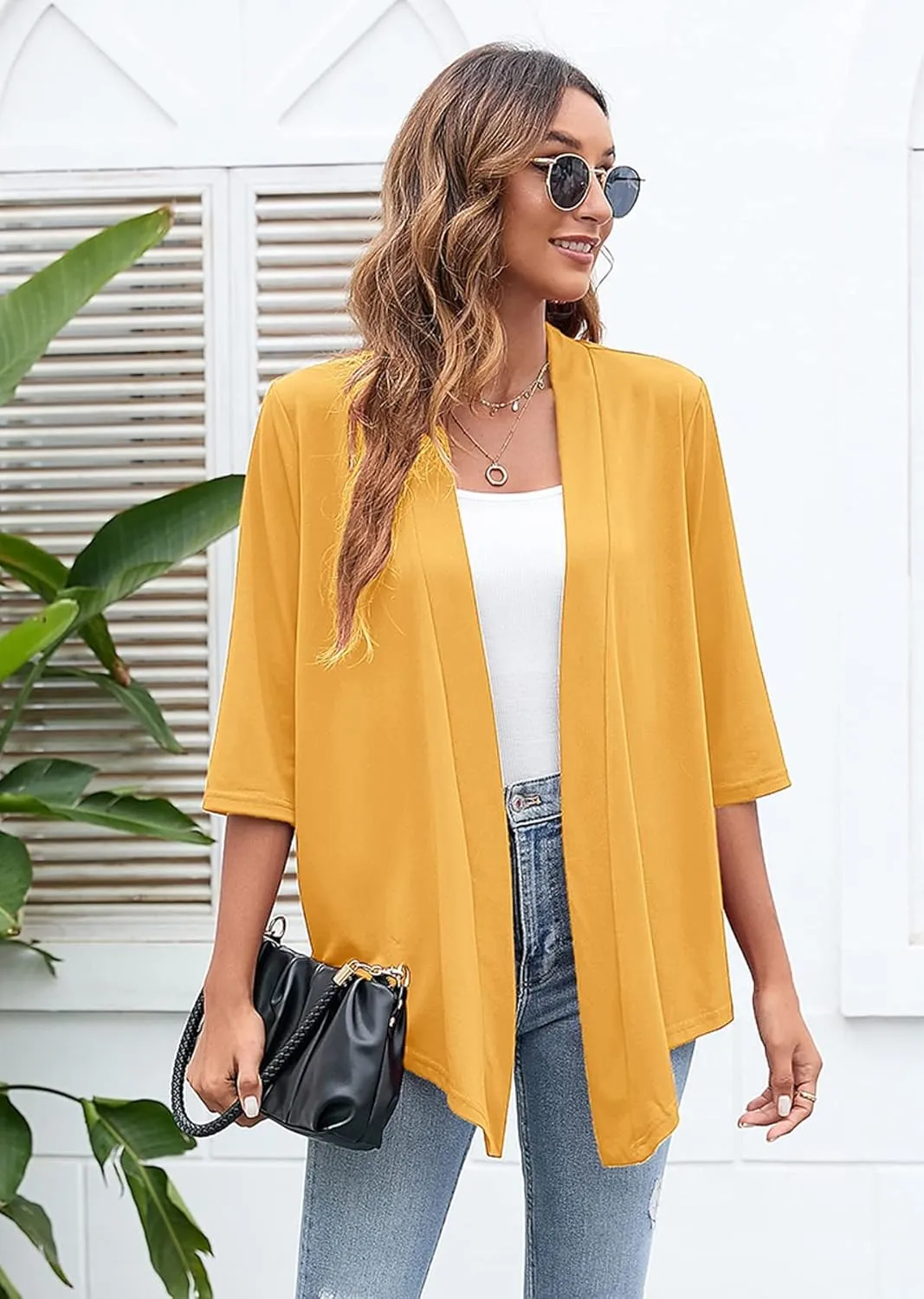 Heymoments Women's Lightweight Open Front Cardigans 3/4 Sleeve Casual Soft Drape Fall Cardigan S-2XL