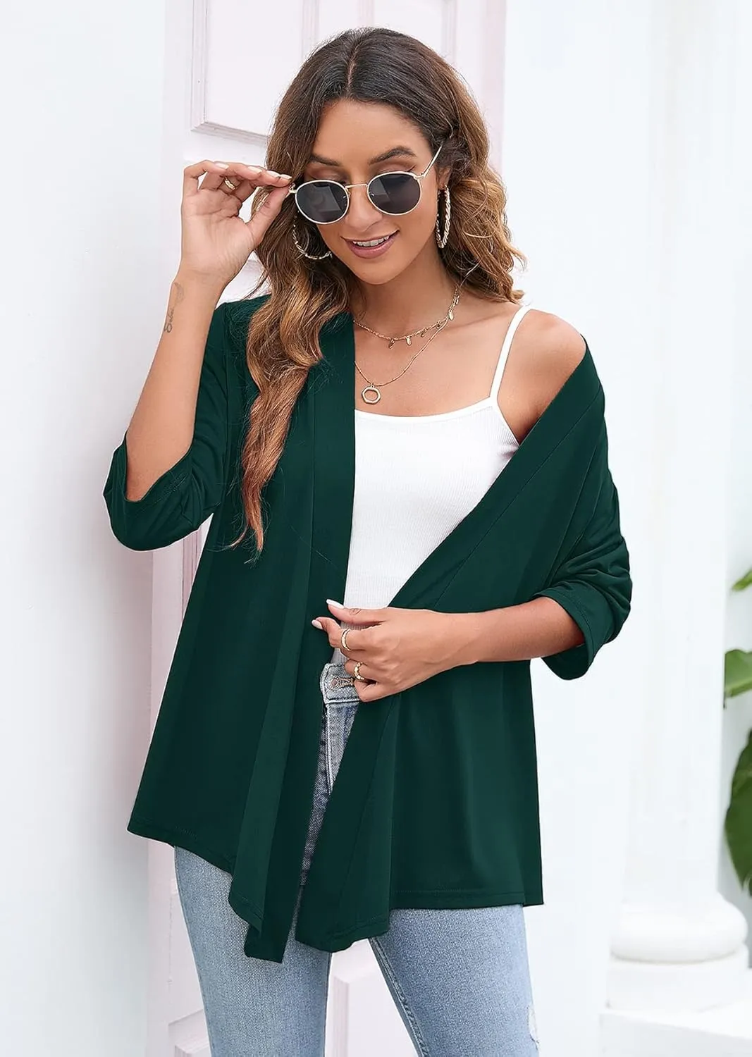 Heymoments Women's Lightweight Open Front Cardigans 3/4 Sleeve Casual Soft Drape Fall Cardigan S-2XL