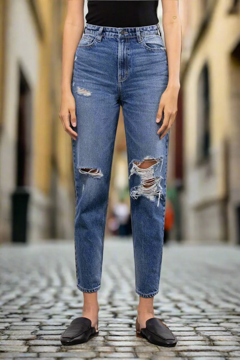 Hidden Medium Wash Two Tone Distressed Mom Tapered Fit