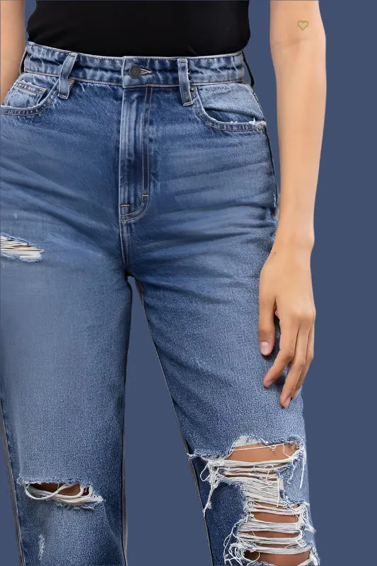 Hidden Medium Wash Two Tone Distressed Mom Tapered Fit