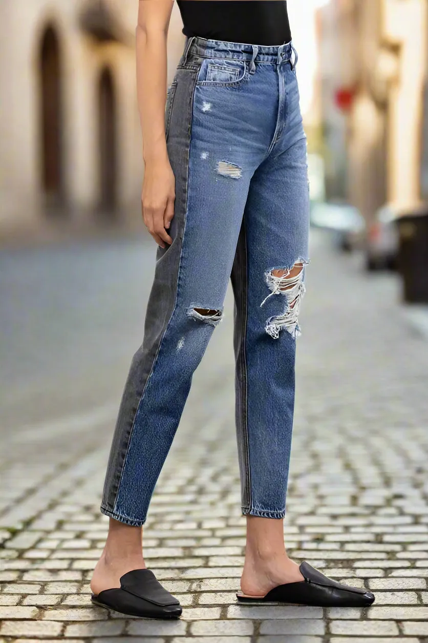 Hidden Medium Wash Two Tone Distressed Mom Tapered Fit