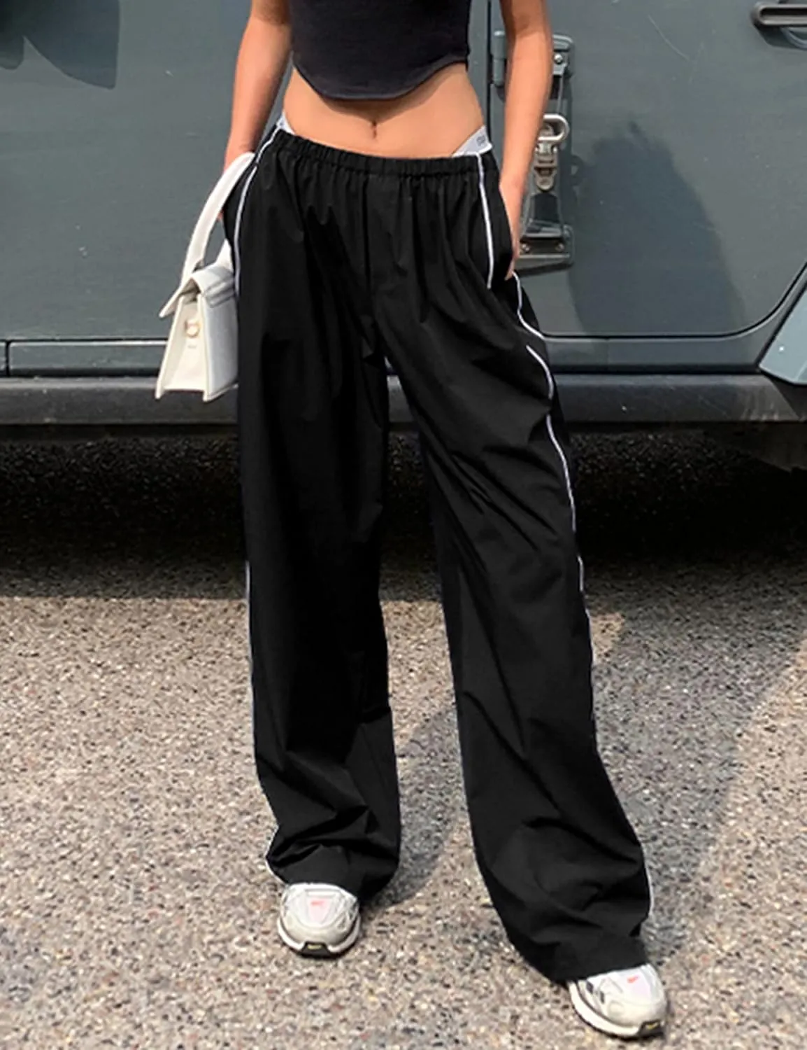 Himosyber Women's Parachute Pants Baggy Elasitc Waist Relaxed Y2K Track Pant Trousers