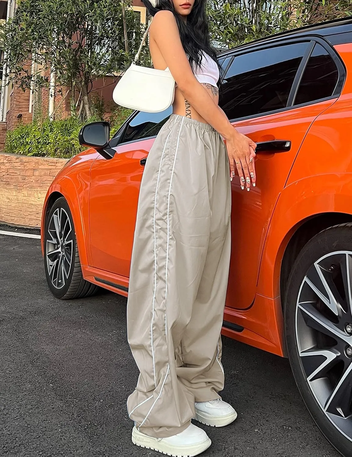 Himosyber Women's Parachute Pants Baggy Elasitc Waist Relaxed Y2K Track Pant Trousers