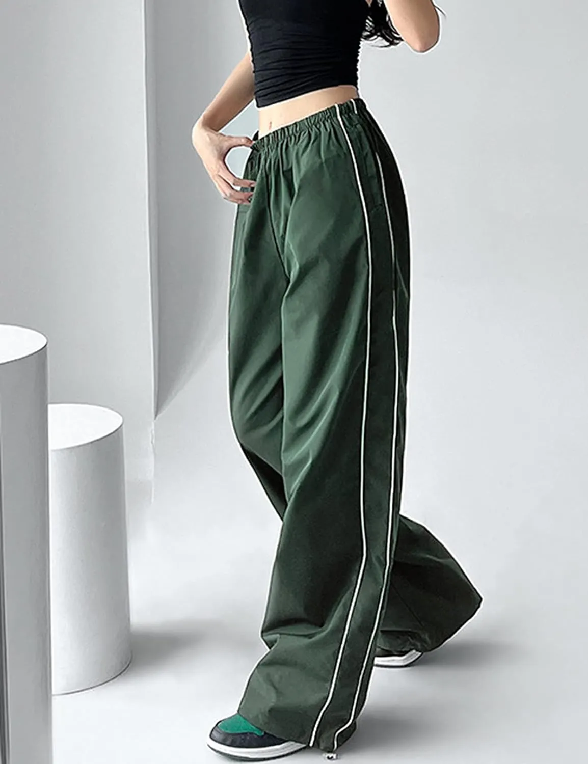 Himosyber Women's Parachute Pants Baggy Elasitc Waist Relaxed Y2K Track Pant Trousers