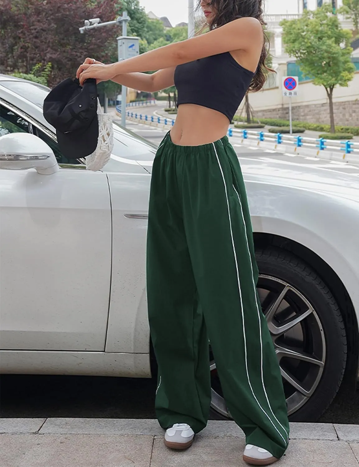 Himosyber Women's Parachute Pants Baggy Elasitc Waist Relaxed Y2K Track Pant Trousers