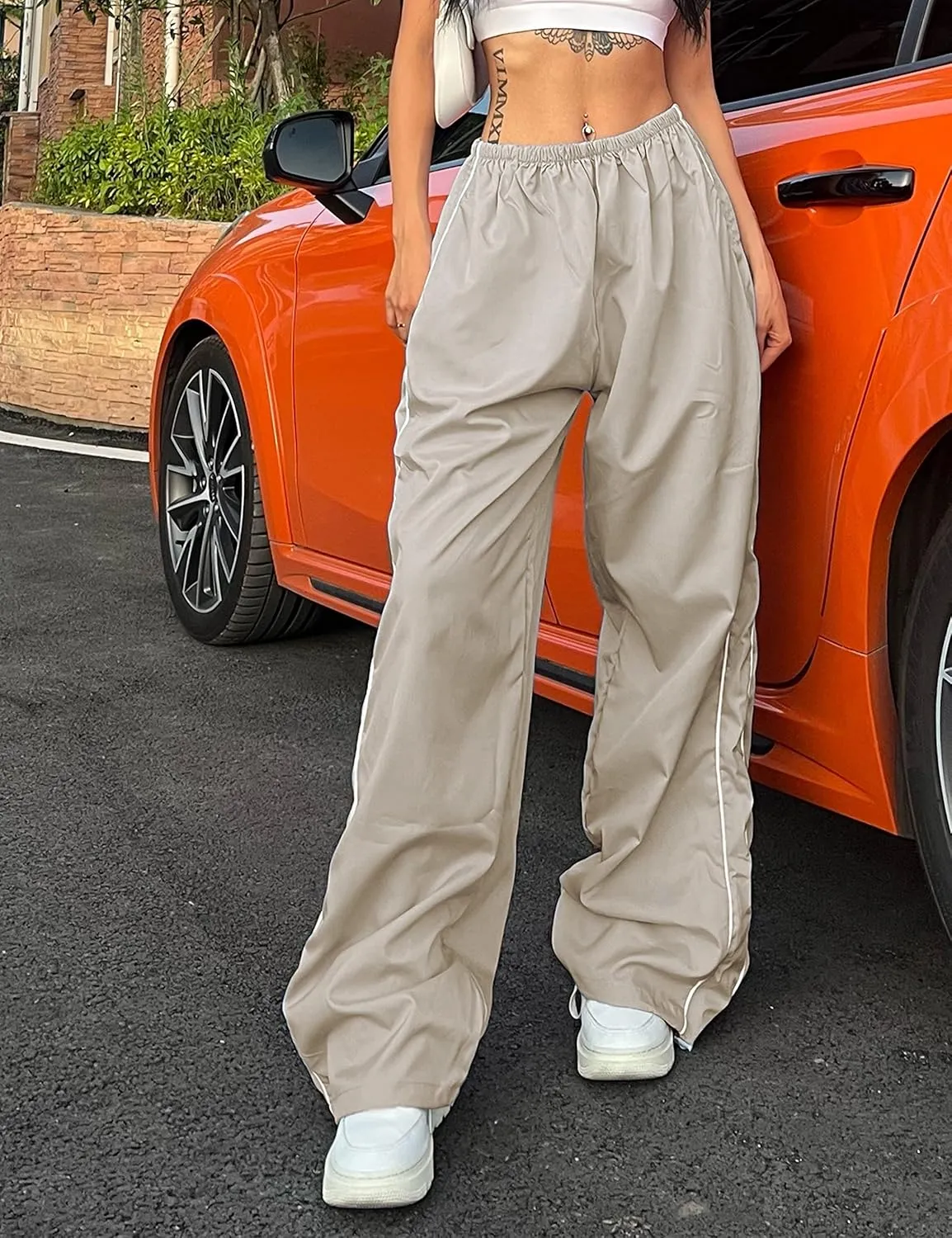 Himosyber Women's Parachute Pants Baggy Elasitc Waist Relaxed Y2K Track Pant Trousers
